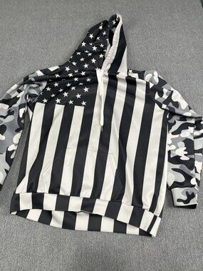 American Flag & Camo Hoodie Black & White Striped Stars Pattern Pullover Mens L